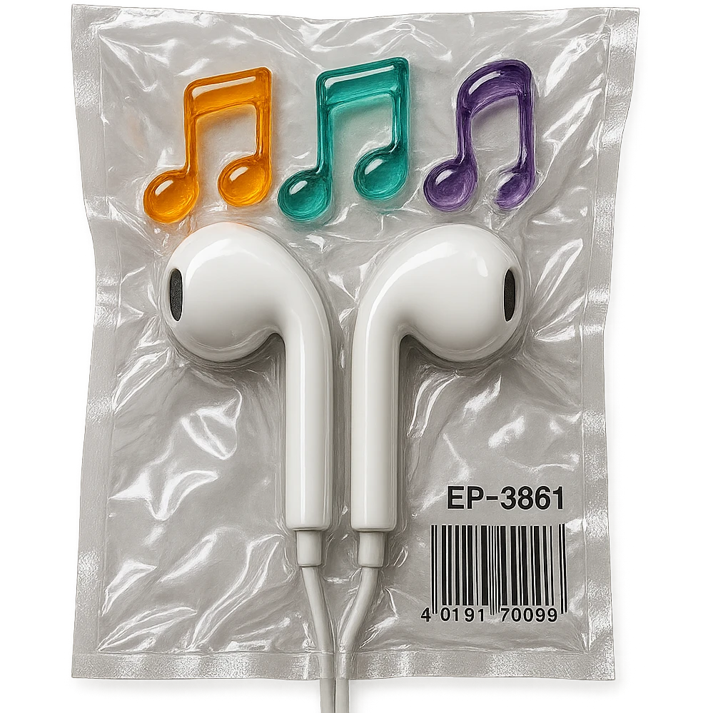 pair of white EarPods with three colorful transparent music notes in orange, teal, and violet arranged above, shiny and puffy emoji