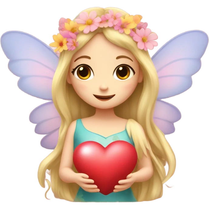 Fairy, long blonde hair, wings, flowers, heart eyes, hands holding heart emoji