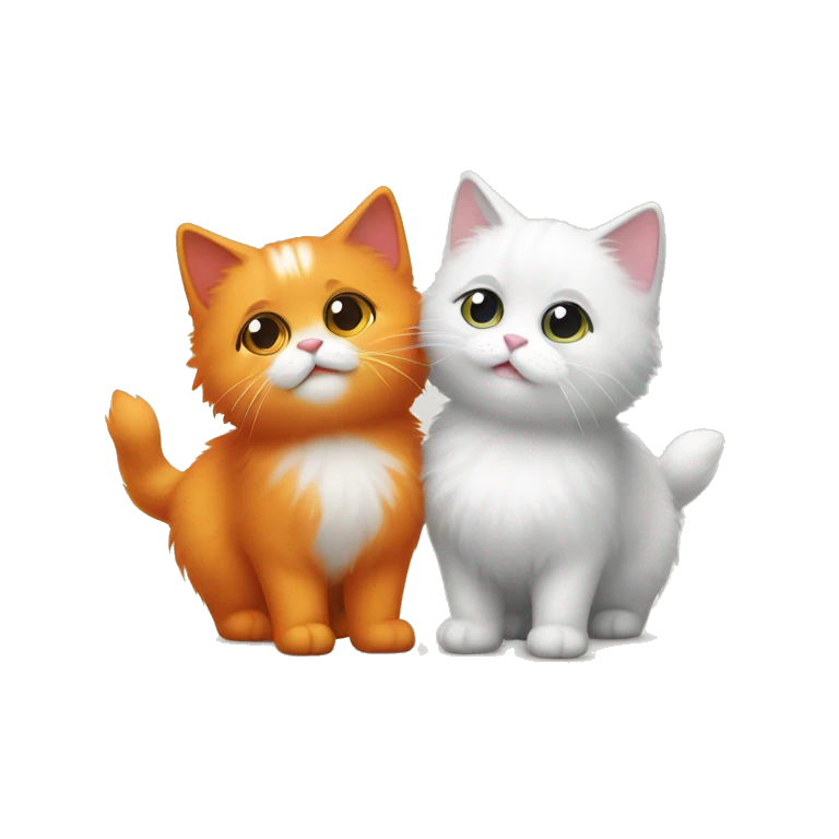 Two cute fluffy cats one Orange and one white kissing emoji
