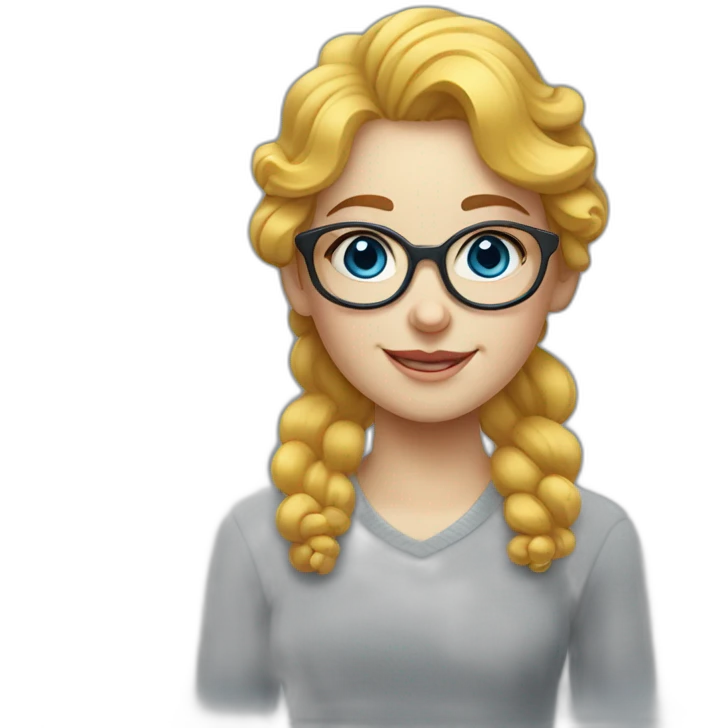 a girl with curly yellow hair to her neck and with round large glasses, Russian-Jewish appearance, with snow-white skin and a smile, and gray-blue eyes emoji