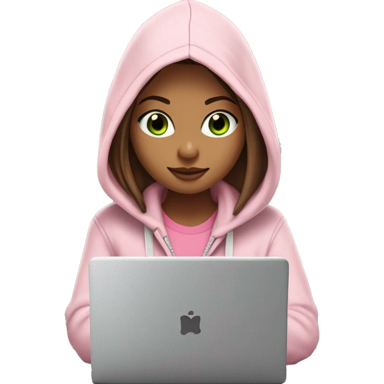 a girl with brown long hair, fair skin, green eyes, is working relaxed at a modern laptop in a monochrome pale pink zip hoodie with a hood and a pink monochrome T-shirt emoji