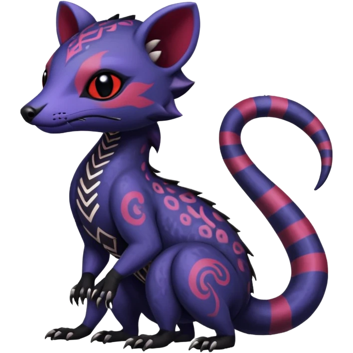 Rare warm-colored exotic gloomy tropical edgy cute epic aesthetic spooky indigo violet white black red gothic colorful Salandit-Salazzle-Civet-species-Fakemon-hybrid-creature, with tribal tattoo markings, full body emoji