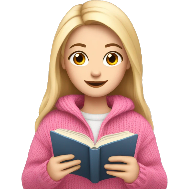 Pretty white girl with pink sweater reading cozy emoji