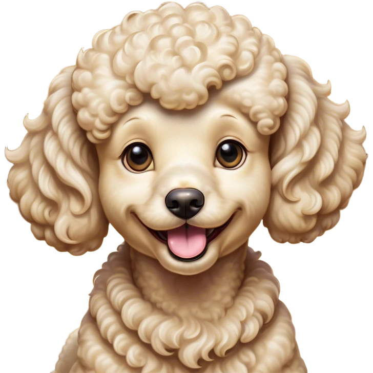 Cinematic Comical Cream Poodle Portrait Emoji, Head tilted dramatically with an exaggeratedly amused expression, featuring a glossy, curly cream Fur with a radiant sheen, wide, expressive warm eyes filled with playful disbelief, Simplified yet hilariously expressive features, highly detailed, glowing with a slightly sassy glow, high shine, dramatic yet playful, stylized with an air of cheeky mischief, bright and endearing, soft glowing outline, capturing the essence of a spirited and over-the-top companion, so meme-worthy it feels like it could side-eye its way into internet fame instantly! emoji
