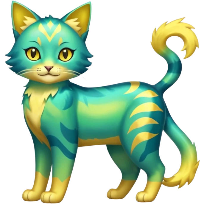 Shiny Iridescent Smooth Soft Glossy Green and Yellow Electrike-Lucretia-Luxray-Sprigatito-Bobcat-Amaura-Aurorus-Shiny-glorp-cat-fusion (full body) emoji