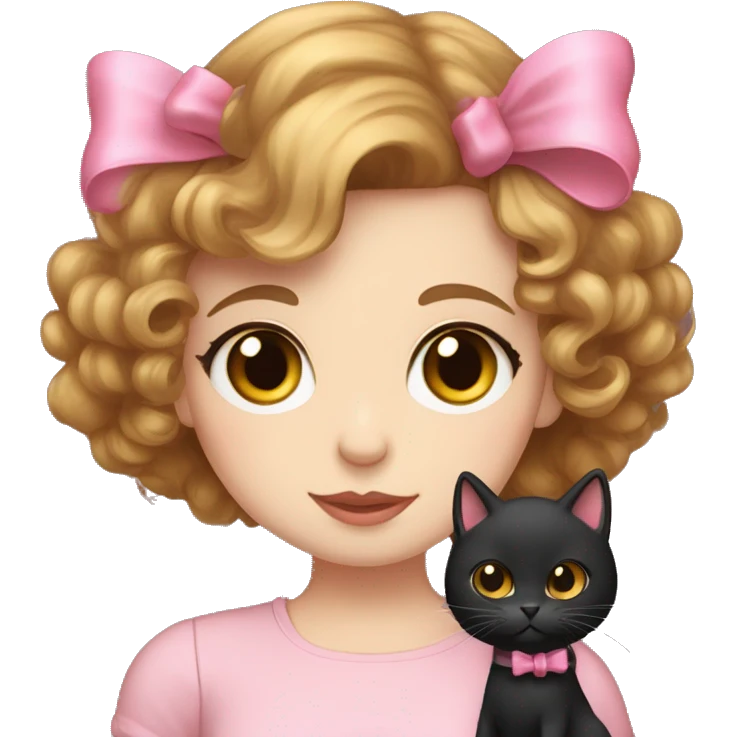 A girl with gold hazel eyes pale skin and curly brown hair holding a black cat with a pink bow on her hat the girl is wearing a black shirt emoji