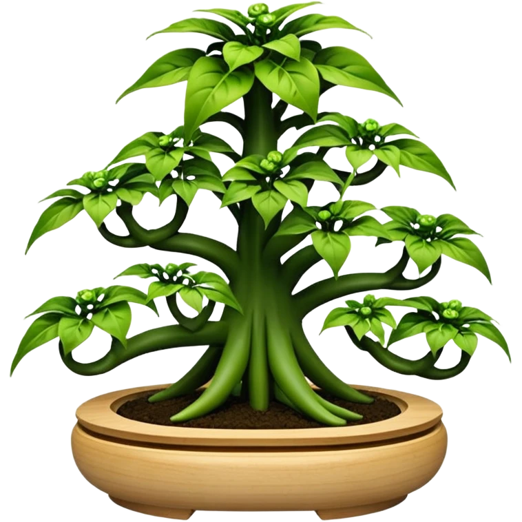 Very Large decorative alien-futuristic multi-tier multi-level photo-efficient plant rack, which holds bonsai pepper plants, constructed from plywood emoji