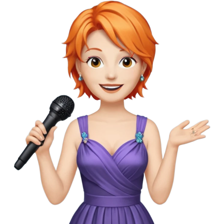 singer, Middle age, orange hair, happy, holding mic, wearing dress emoji