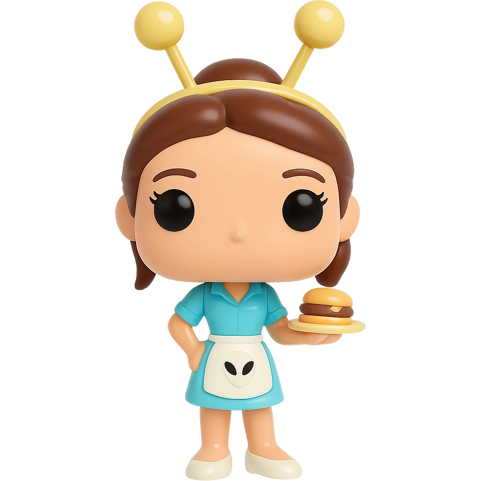 Create a Funko Pop style vinyl figure of Liz Parker from the Roswell series. She is wearing a light blue Crashdown Café waitress outfit with a white apron featuring an alien logo. She has a golden antenna headband, brown tied-up hair, and a friendly expression. She is holding a tray with a hamburger. The background should be transparent. emoji