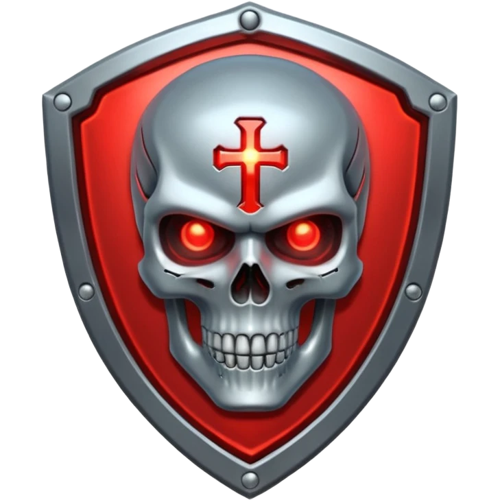 Sci-fi shield badge, terminator style skull, glowing red eyes, crossed futuristic sable and energy sword, no background emoji