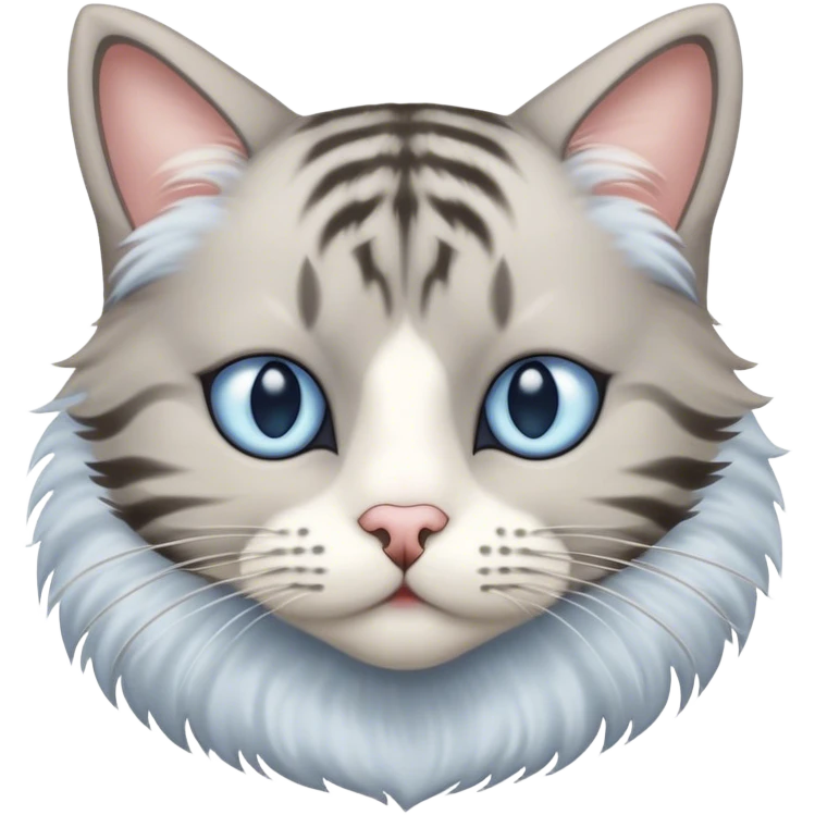 Striped gray-beige cat with thick wool of medium length, big light blue eyes and white fur around them and on the muzzle emoji