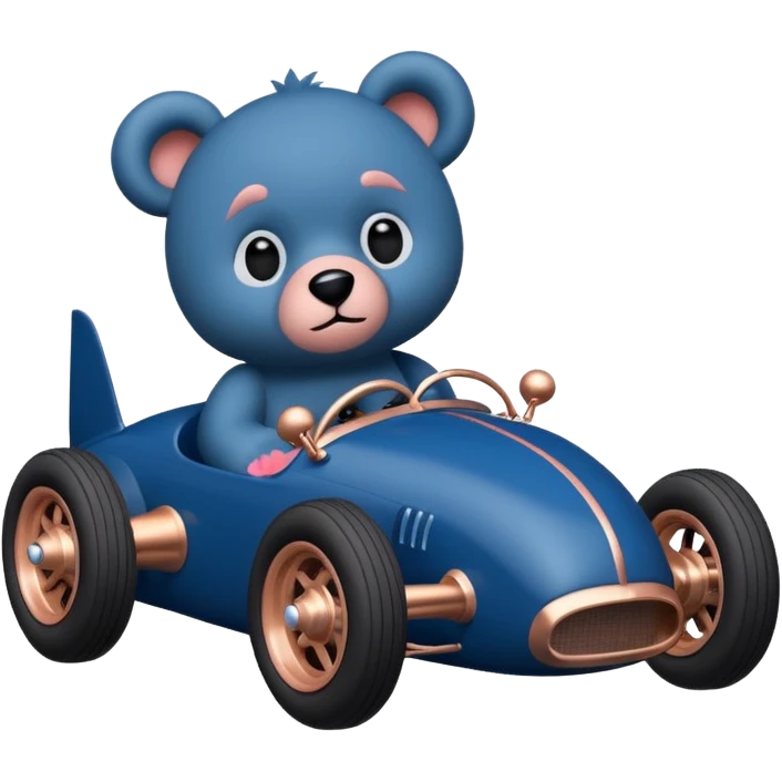 dark blue and rosegold-accented  retro racing car driven by furry-faced small evil scary teddy bear with rear spoiler and wheely bar emoji