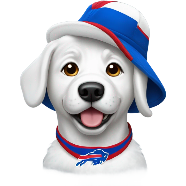 Solid white dog with buffalo bills hat emoji
