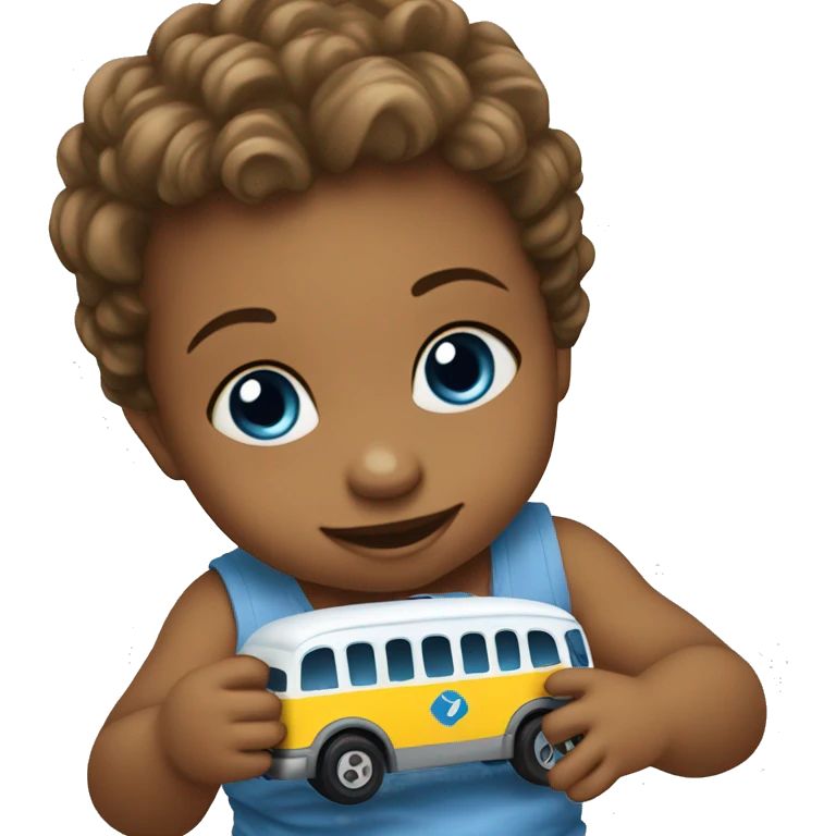 Baby playing with a toy bus blue eyes  emoji