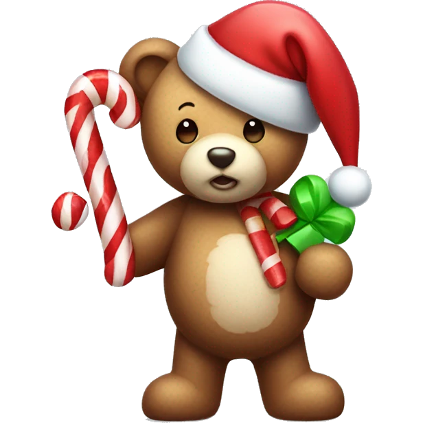 Teddy bear holding a candy cane with Santa hat emoji
