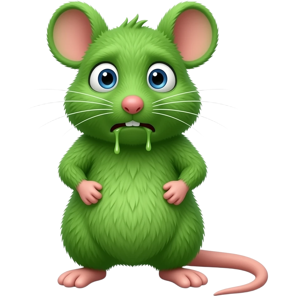 A small green mouse standing upright, with arms and legs shaped like a little person, staring at us with a nauseating look, its mouth covered in vomit. The mouse’s body is entirely green. emoji