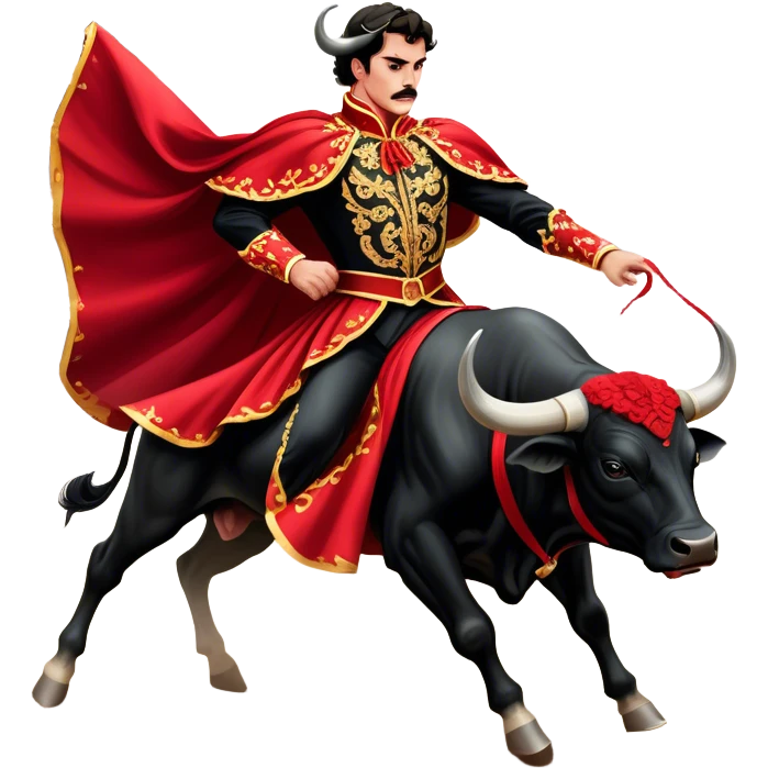 ​Cinematic Realistic Spanish Matador in Action, depicted in an ornate traje de luces with a flowing red cape, captured in the dramatic moment of confronting a charging bull in a traditional bullring, rendered with dynamic motion and dramatic lighting that encapsulates the intensity and artistry of the spectacle, emoji