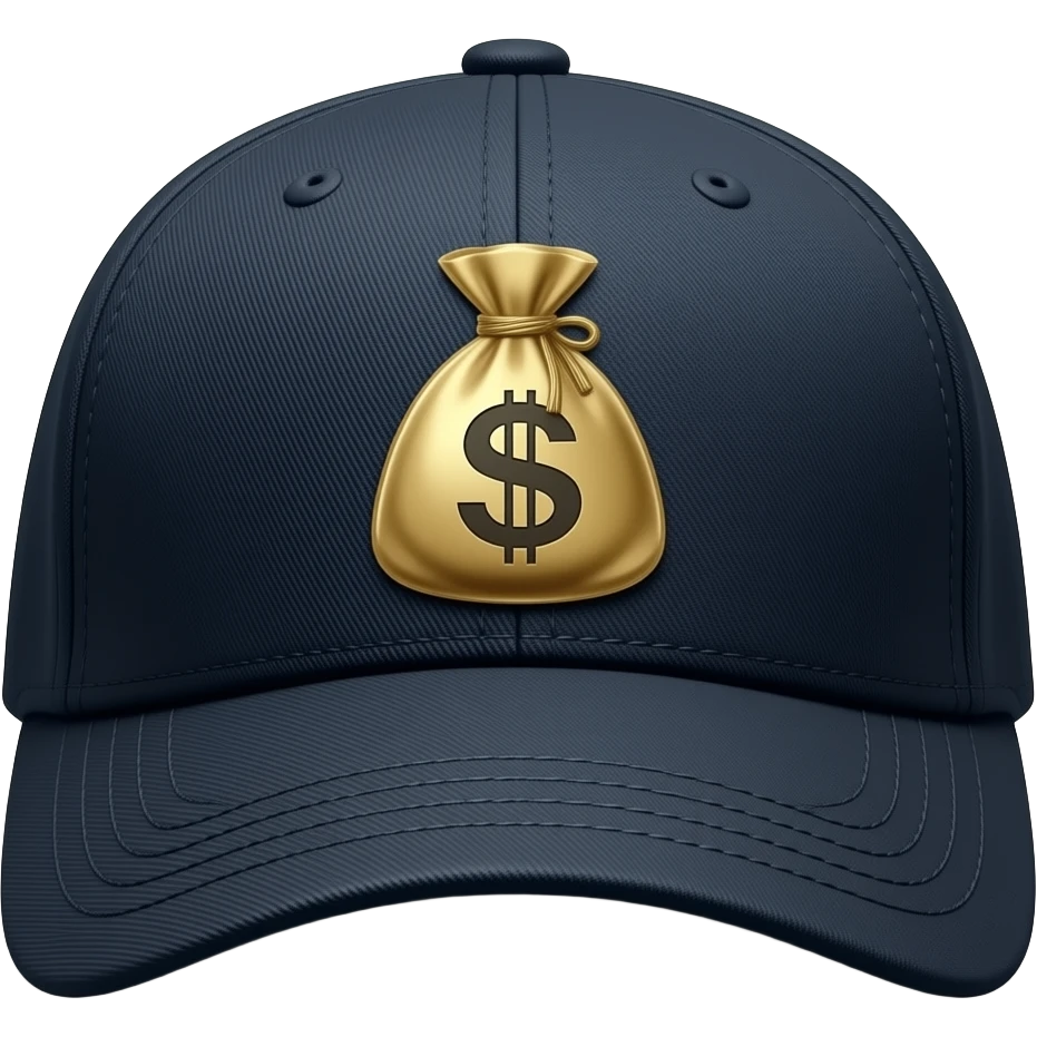 (вид сверху): темная бейсболка. На козырьке сверху глянцевый принт мешка с деньгами. Текстура сукна. Контрастное освещение, яркие золотые детали. emoji