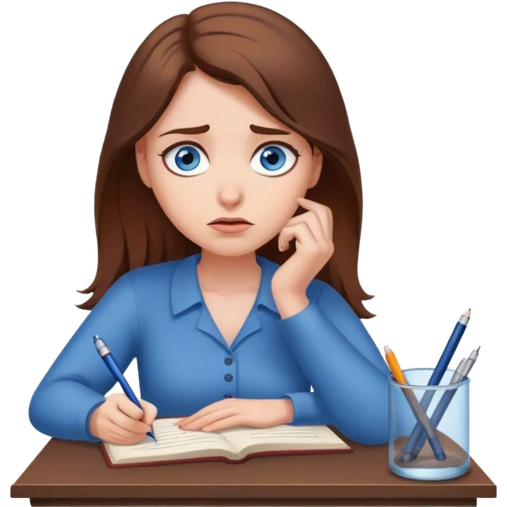 female writer, romantic, with brown hair, fair skin and blue eyes writing a book with a worried face emoji