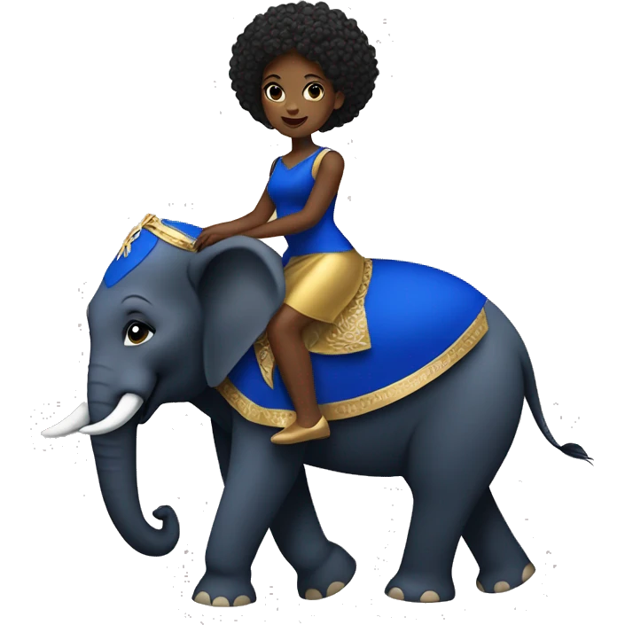 Young black woman in Royal blue and gold dress riding an elephant emoji
