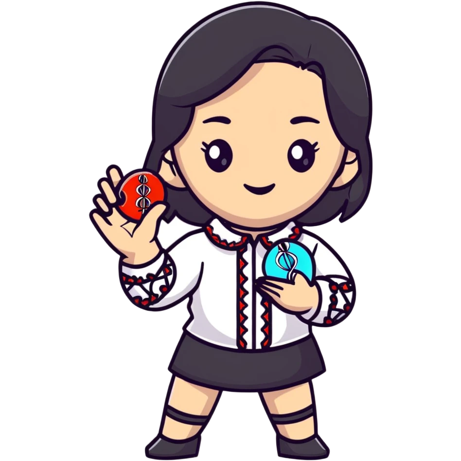 Ukrainian girl with dark hair in an embroidered traditional shirt holds a DNA molecule in her hand emoji
