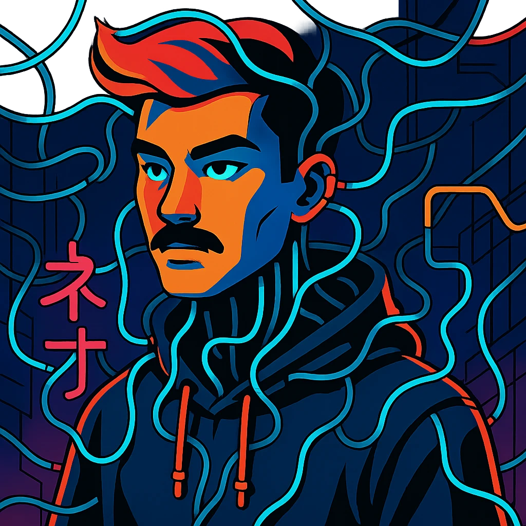 Add electric wires connecting to the body of the Asian man with black mustache, red hair, black hoodie, neon lights, Japanese cyberpunk anime style emoji