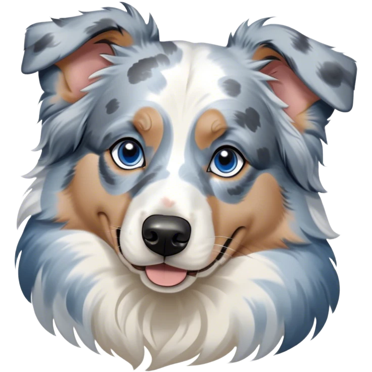 Cinematic Noble Blue Merle and White Australian Shepherd Portrait Emoji, Poised and regal, with a strong, agile build and a well-groomed blue merle coat accented by crisp white markings, piercing blue eyes, Simplified yet sharp and sophisticated features, highly detailed, glowing with a soft, dignified glow, high shine, intelligent and loyal, stylized with an air of strength, focused and attentive, soft glowing outline, capturing the essence of a watchful and confident herder, so majestic it feels as though it could step out of the screen with effortless authority! emoji