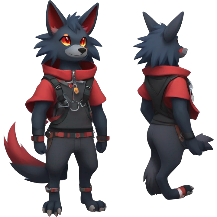 Cool Edgy Zorua-Zoroark-Mightyena with a collar and hoodie-sweater and harness on, full body emoji