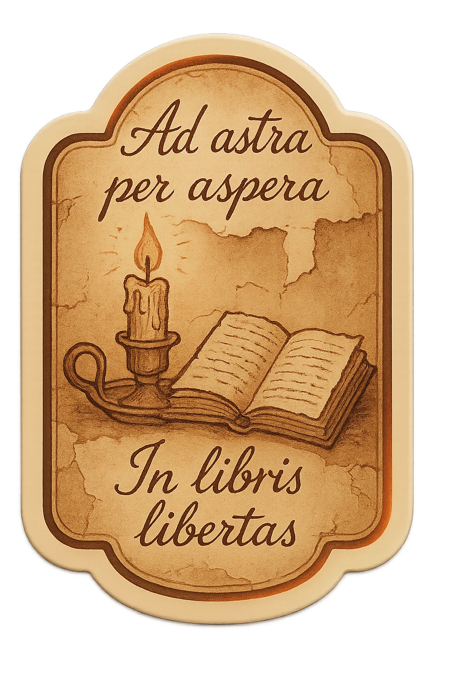 sticker with the Latin phrases 'Ad astra per aspera' and 'In libris libertas' in handwritten script, with torn paper textures, vintage candle, open book, and subtle ink drawing details, soft textured dark academia and cottagecore style, warm muted colors, thoughtful and literary emoji