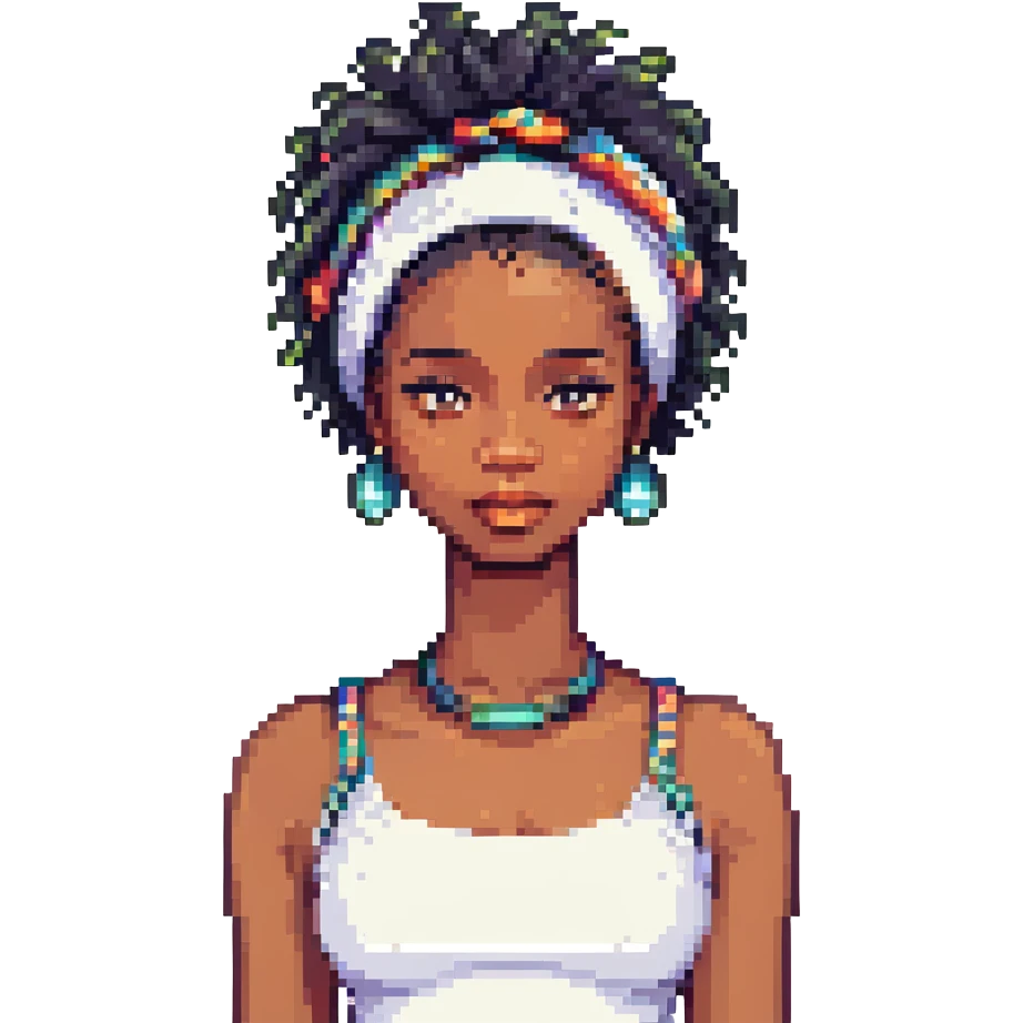 black woman with natural hair, with a headband, pixel art style emoji