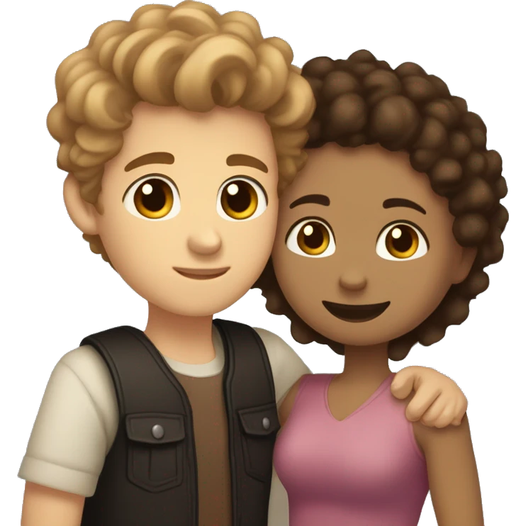 girl with light skin, hazel eyes and straight hair hugging a boy with fair skin, medium curly hair that is light brown and a tiny mustache and goatee and dark brown eyes emoji