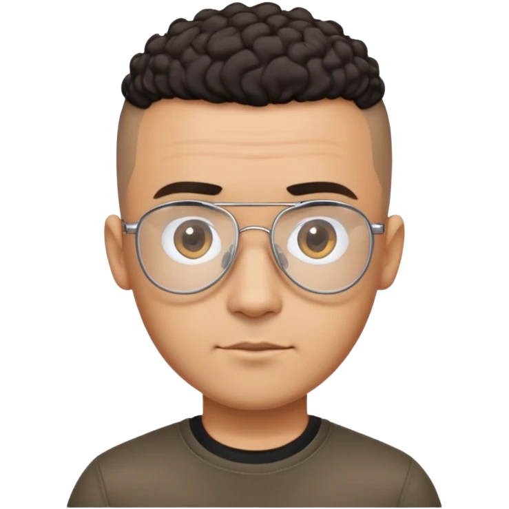 Latino man with small oval face and big forehead, clear lens aviator-style eyeglasses with metal frames, completely bald/shaved sides with very short curly dark hair only on top of head, neutral-friendly expression, light brown skin, wearing a black t-shirt emoji