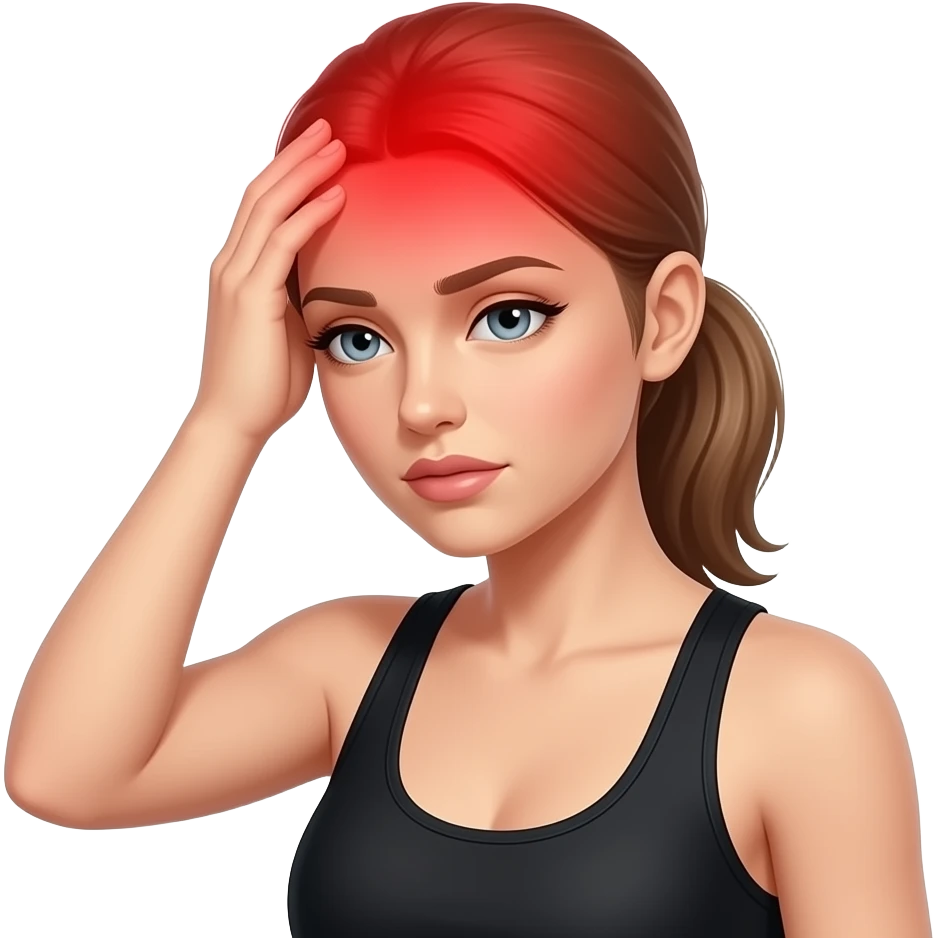 head pain, full red glow covering the entire head area, woman holding her head, fair-skinned woman, gray-blue eyes, ash brown brows, ash light brown hair tied back, slim athletic body, black workout set emoji