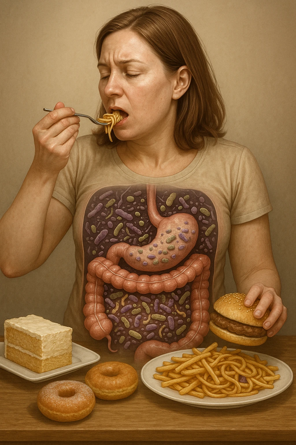donna con batteri cattivi pieni nel suo intestino immagini realistiche mangia alimentazione ricca di glutine e zuccheri alimentando tutti i batteri cattivi emoji