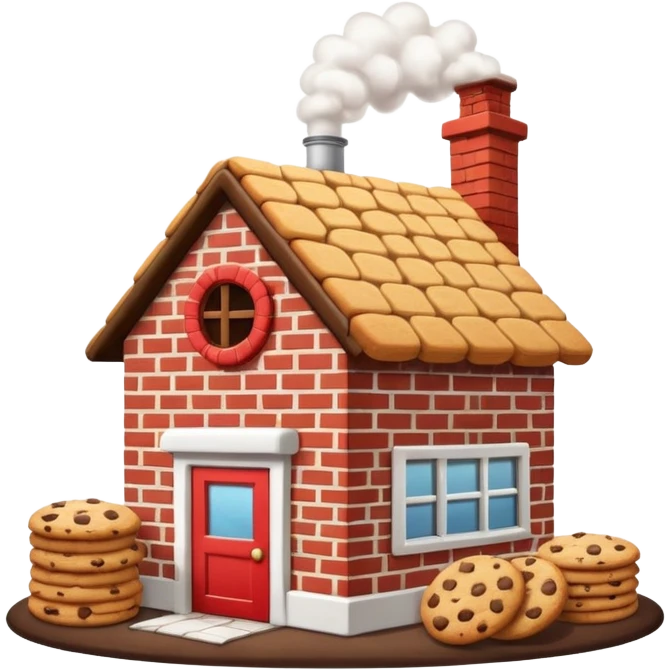 Small cartoon-style bakery factory with a red brick base, a single chimney puffing white smoke, cookie crates outside, emoji-style emoji