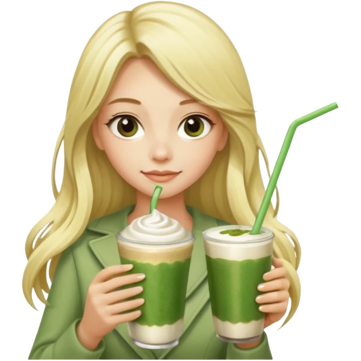 blonde luxury long hair girl with 1 matcha latte and 2 straws emoji