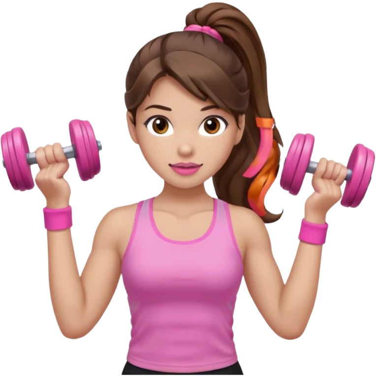 girl with wavy long ponytail brown hair, brown eyes, light to medium complexion, long lashes, light pink lipstick, wearing light pink shirt, lifting pink dumbbells in a sports top emoji