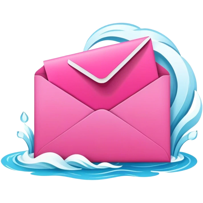 A vibrant pink email envelope at the top of a cascading data waterfall, symbolizing automated waterfall enrichment with flowing verified contacts. emoji