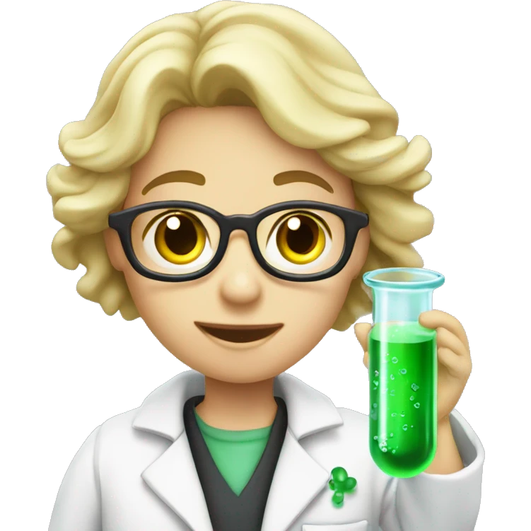 Student wearing a lab coat with a test tube containing green bubbly liquid emoji