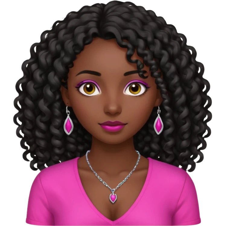 Dark skin girl with long black curly hair with 4 edges 2 on each side wearing a hot pink v-cut neckline shirt with a simple silver necklace emoji