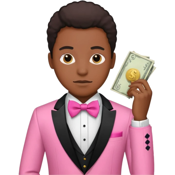 ambitious thinking about money, black person, pink tuxedo emoji