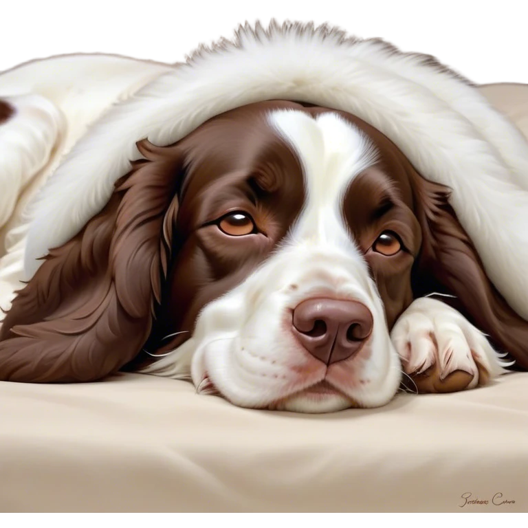 Meme-Worthy Cute Sleeping Springer Spaniel Portrait Emoji, Head resting peacefully with a contented smile, showcasing a delightfully agile build and a luxuriously soft liver and white Fur, eyes shut in a serene nap, Simplified yet hilariously adorable features, highly detailed, glowing with a soft, drowsy light, high shine, relaxed and utterly lovable, stylized with an air of playful laziness, bright and heartwarming, soft glowing outline, capturing the essence of a comically sleepy companion, so meme-worthy it feels like it could instantly become the next viral sensation of adorable slumber! emoji
