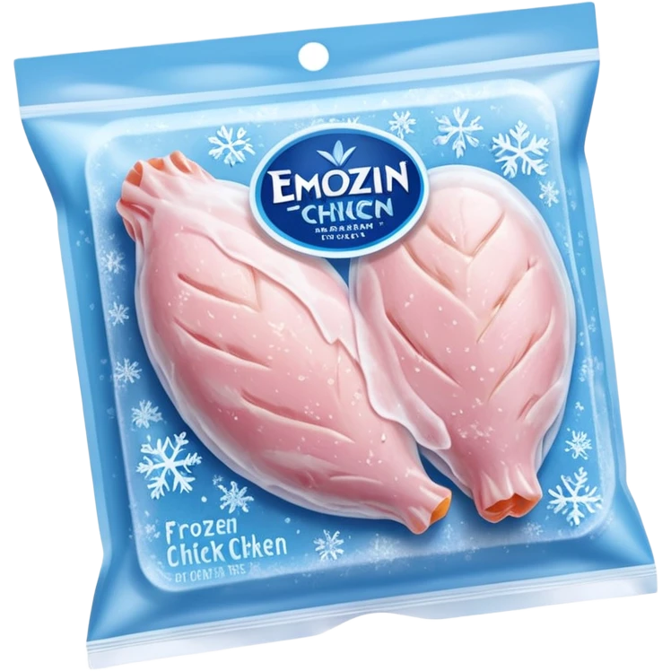 A pack of frozen chicken breasts sealed in transparent plastic packaging, covered with frost and ice crystals. The meat looks pale pink with a slight icy glaze, sitting in a freezer with cool blue lighting. Realistic detail, cold atmosphere, food photography style. emoji