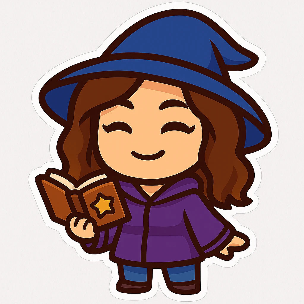 Sticker style chibi emote of the woman from the reference images, wearing a purple hoodie and jeans, with a wizard hat, holding a magic book, no headband, no sparkles, transparent background. emoji
