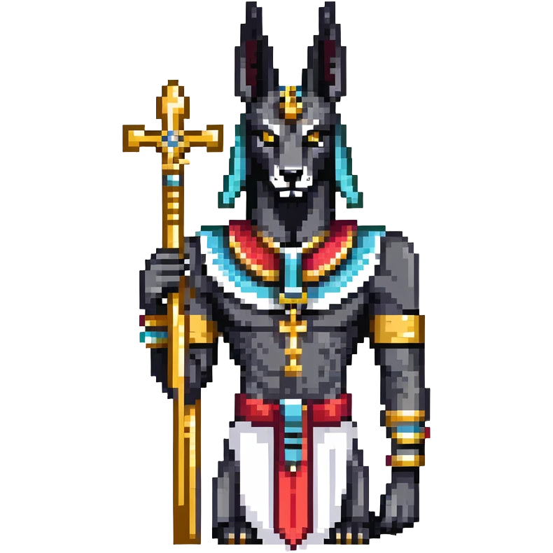 Egyptian god Anubis with black jackal head, gold collar, Egyptian headdress, holding ankh symbol emoji