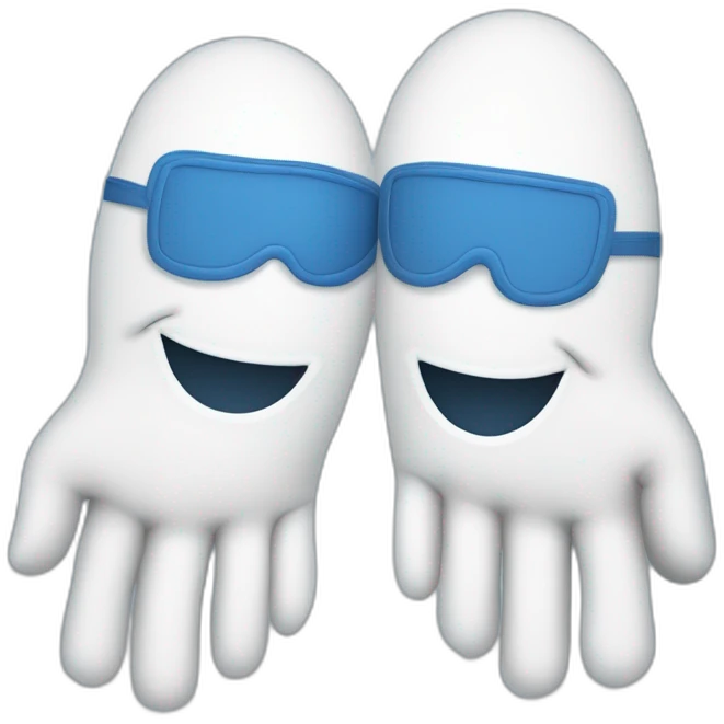 Deux gants blancs souriants, il y a dessiné en bleu un signe mystérieux maçonnique bleu de deux équerres inversées.  emoji