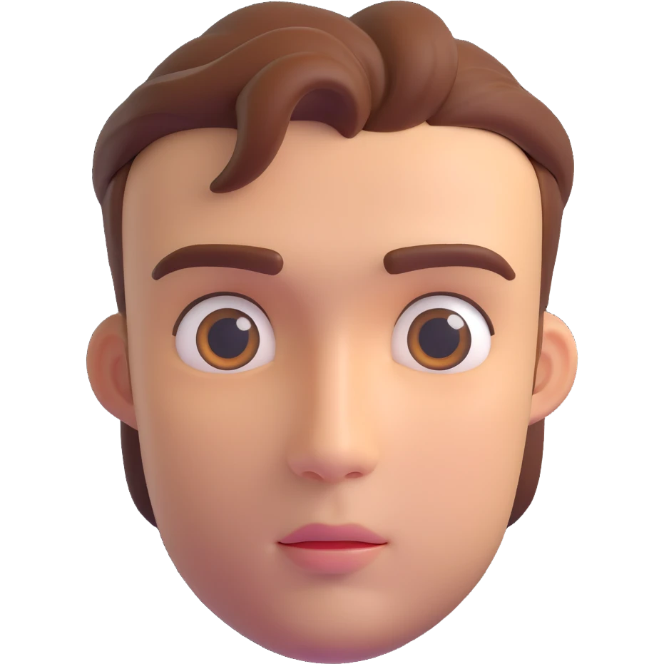 3D emoji-style head of a handsome man, front view, eyes gazing upward thoughtfully, symmetrical features, calm expression, smooth skin, soft lighting emoji