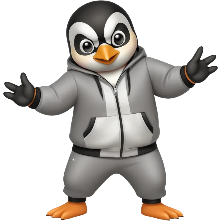 friendly anthropomorphised penguin wearing a mafia-style tracksuit, secretive scheming pose, soprano vibe, angry expression, running with a determined sprint, holding a knuckle duster emoji