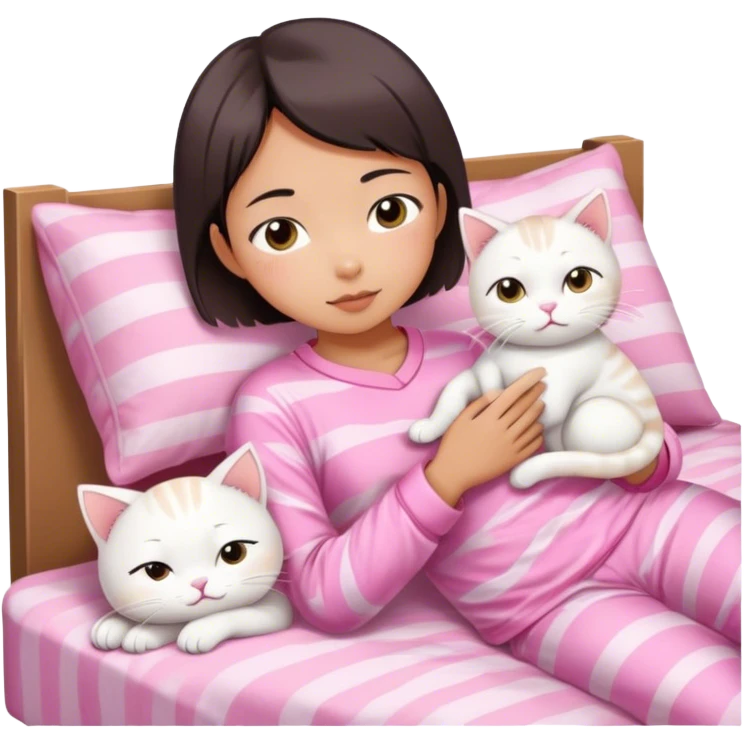 Short hair Asian girl wake up with white cat in pink pj emoji
