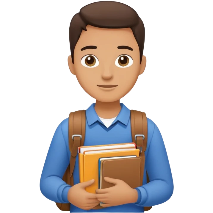 A flat-style illustration of a university student, holding a few textbooks and wearing a messenger bag. Clean, modern cartoon style, white background, iOS emoji aesthetic. emoji
